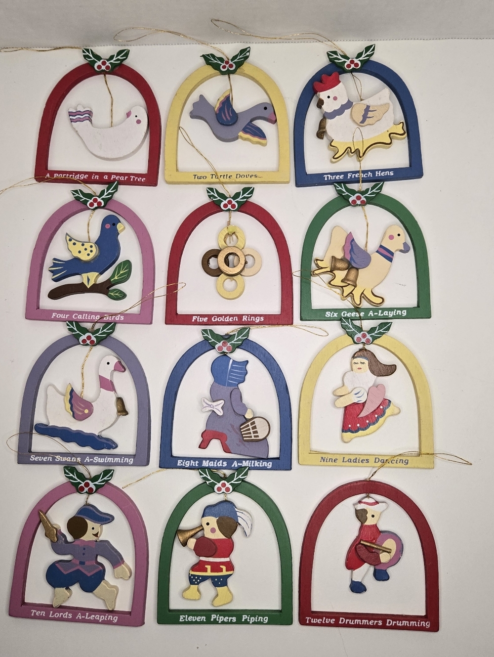 Vintage Twelve Days of Christmas Painted Flat Wooden 4"Ornaments Lillian Vernon